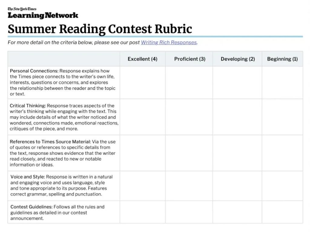 summer reading rubric