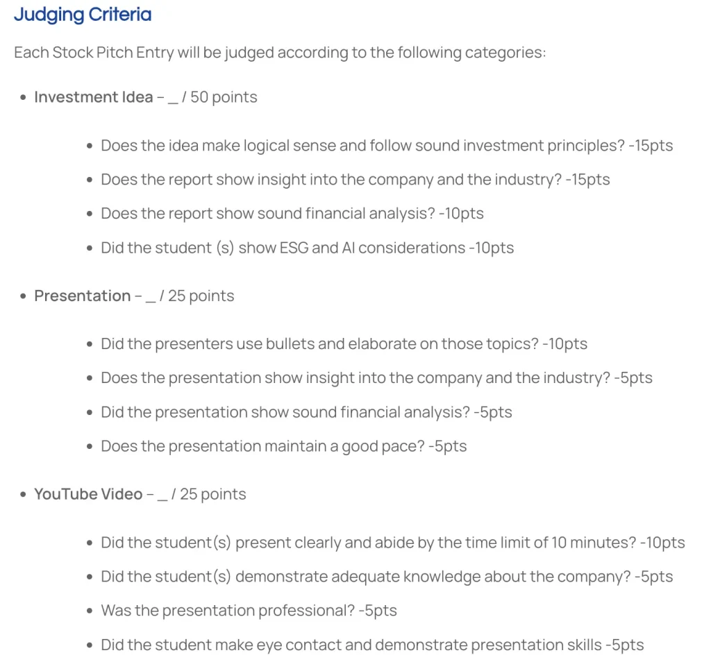 Hướng Dẫn Tham Gia YIS Global Stock Pitch Competition 1 tiêu chí chấm điểm YIS Global Stock Pitch competition