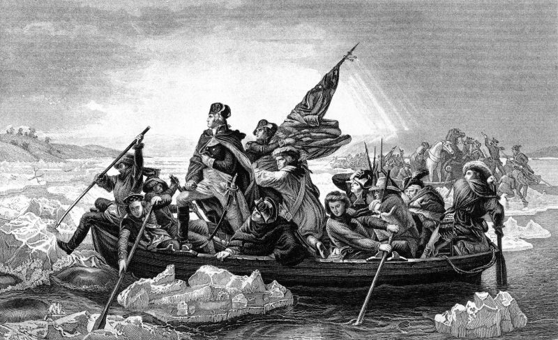 An engraved illustration of George Washington crossing the River