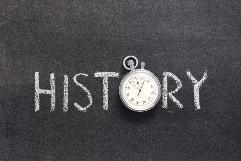 history word handwritten on chalkboard with vintage precise stopwatch used instead of O