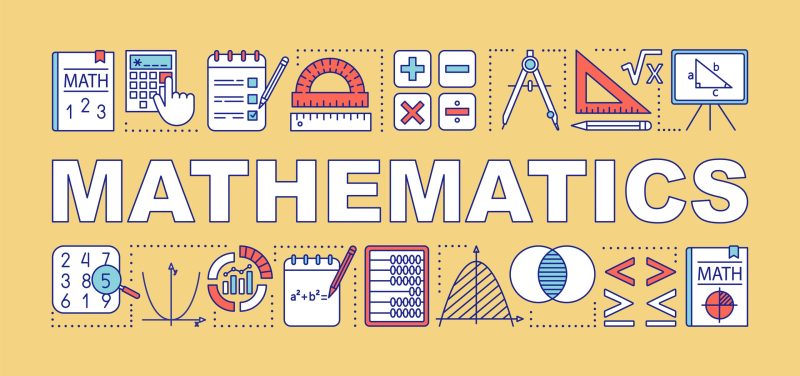 Mathematics word concepts banner. Presentation, website. Isolated lettering typography idea with linear icons. Algebra, geometry, statistics, basic maths. Vector outline illustration
