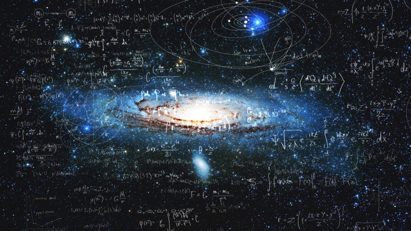 Science and research of the universe, spiral galaxy and physical formulas, concept of knowledge and education. Elements of this image furnished by NASA.