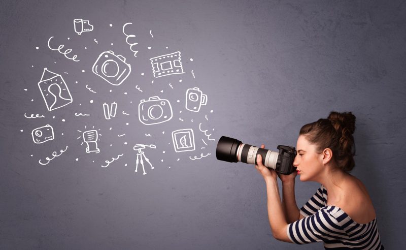 Young photographer girl shooting photography icons