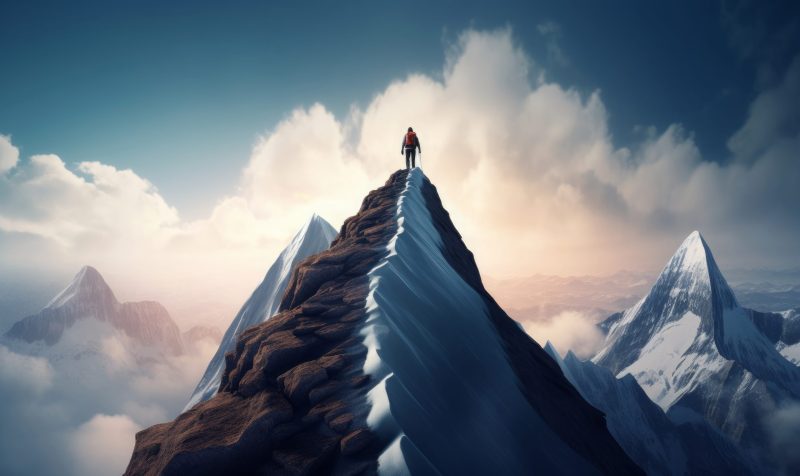 Goal to success for level up with person climbing on route slope to mountain peak.human performance limit concepts.growth mindset and motivation.generative ai, Generative AI